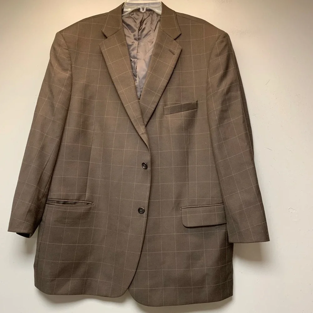 Paul Fredrick 3-Piece Suit Mens 46R Brown Windowpane Wool Blazer Vest Pants Exc